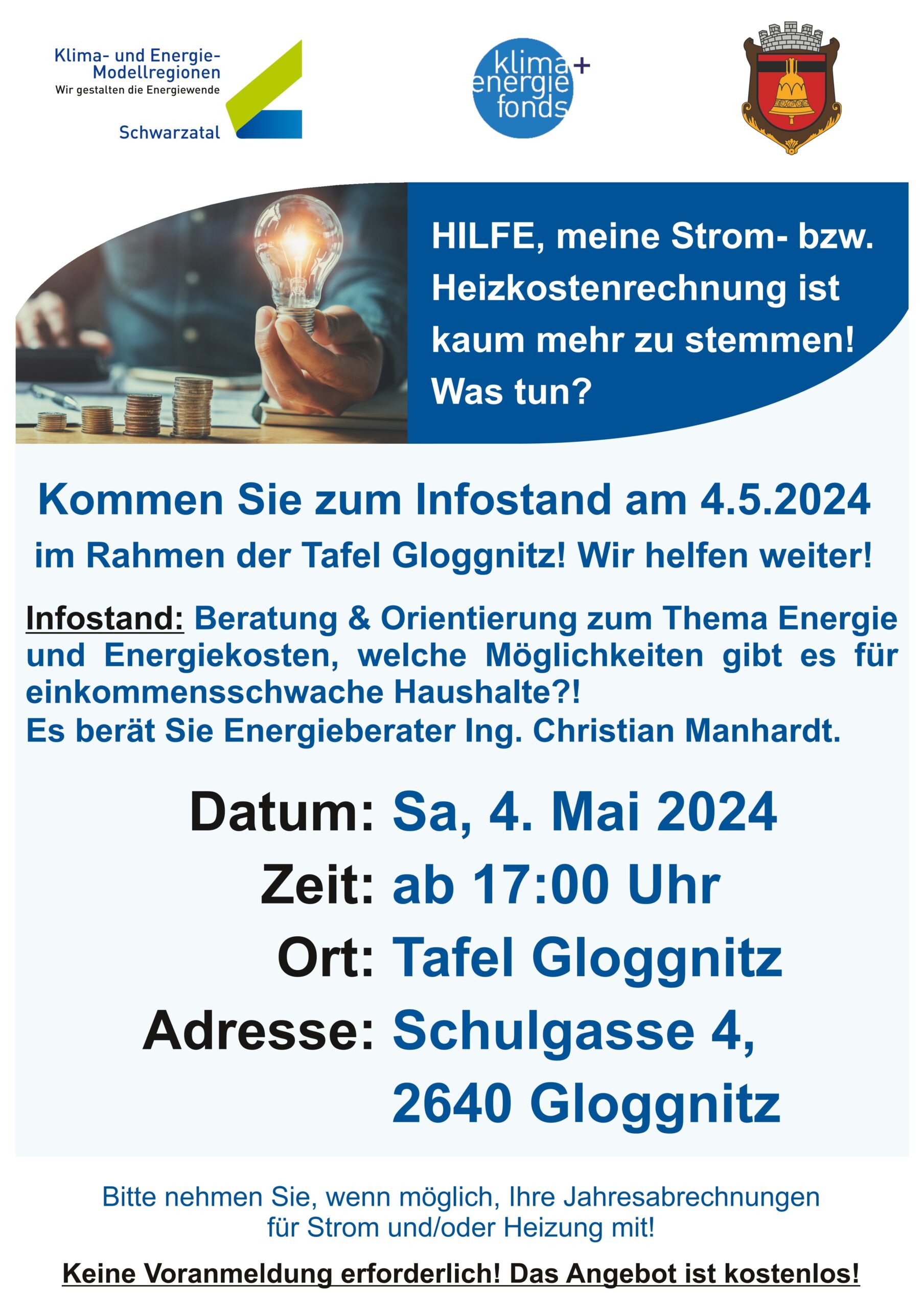 Beratungstermin "Bekämpfung Energiearmut" im Rahmen der Tafel Gloggnitz am 4. Mai 2024 ab 17 Uhr (Schulgasse 4, Gloggnitz)